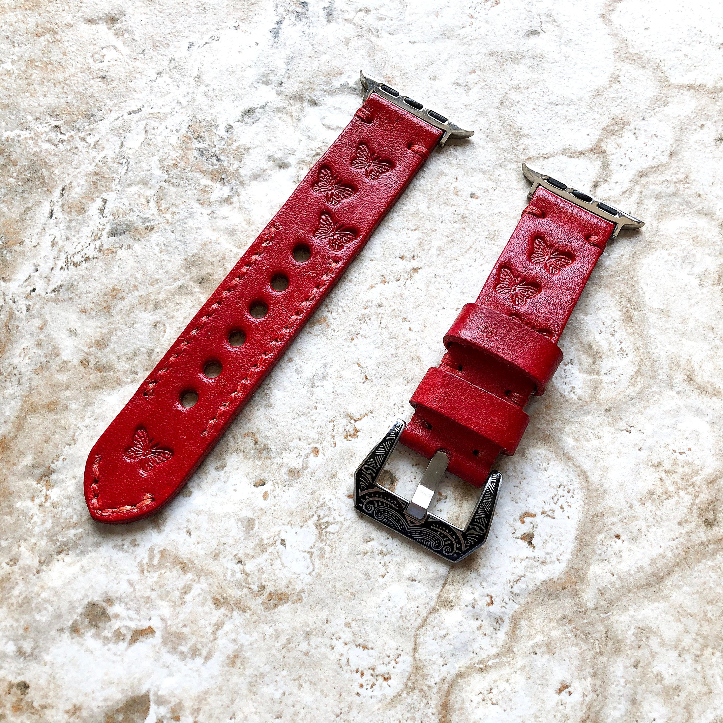 Butterflies Band 22mm 24mm 25mm Tooled Embossed Genuine Leather Compatible with Apple Watch Fitbit Versa 2 3 4 Sense 2 Ionic Handmade Strap